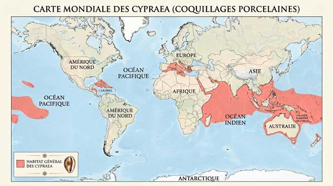 Carte de répartition générale des habitats des porcelaines et cauris
