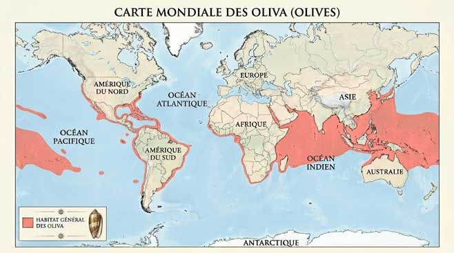 Carte de répartition générale des coquillages du genre Oliva
