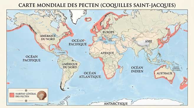 Carte de répartition générale des Pecten et autres peignes