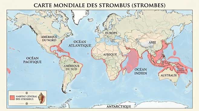Carte de répartition générale des habitats des strombes et conques