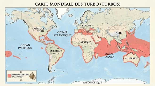 Carte de répartition générale des habitats des coquillages du genre Turbo