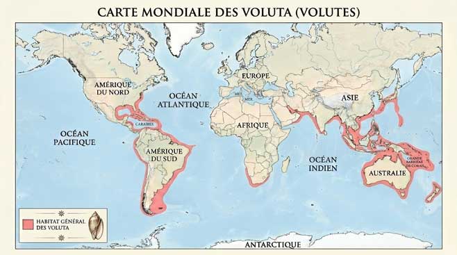 Carte de répartition générale des volutes de la famille des Volutidae