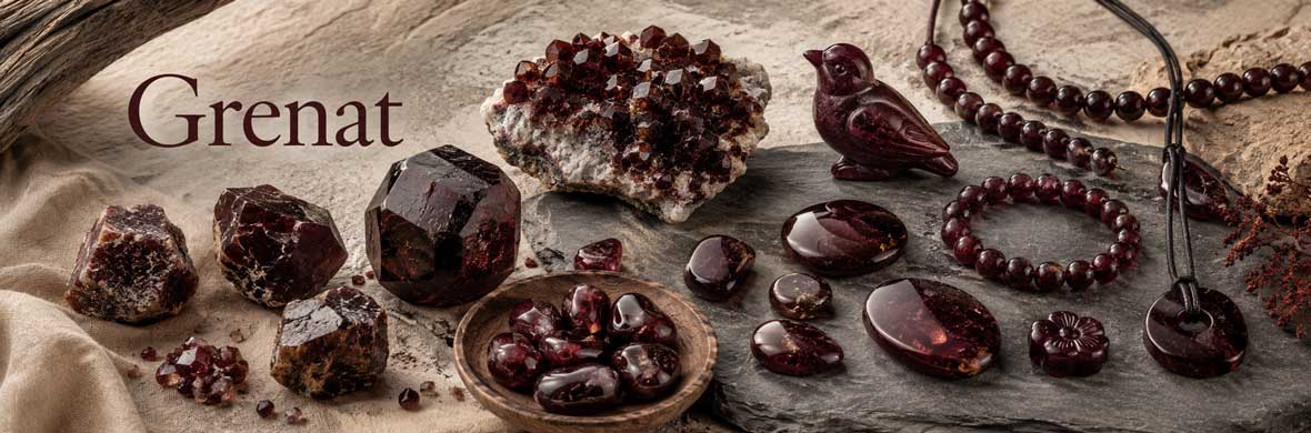 grenat naturel rouge, cristaux, pierres polies et bijoux en grenat