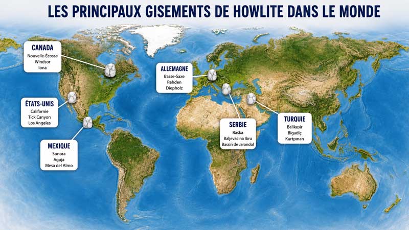 Principales régions de présence de la howlite dans le monde