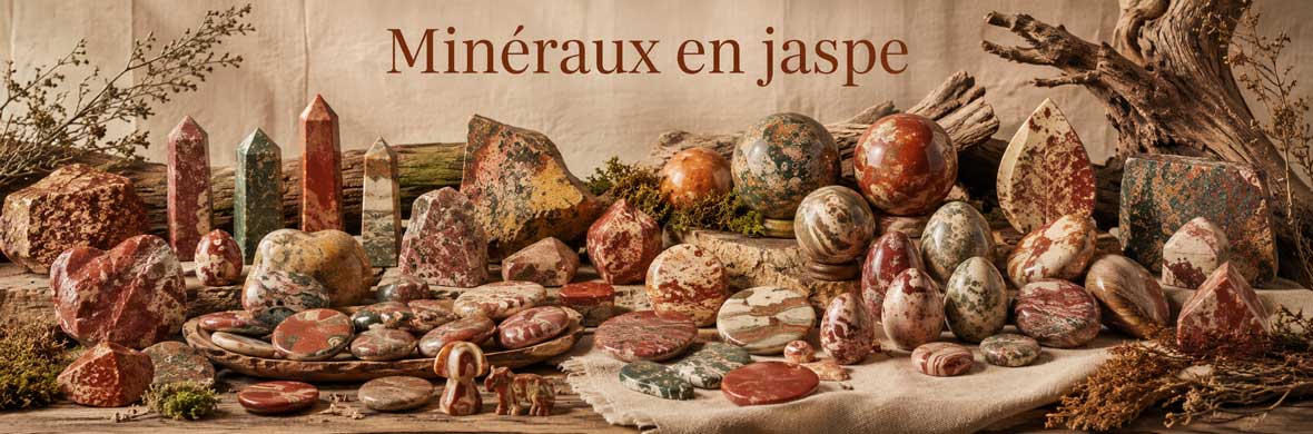 pierres brutes, pierres roulées et objets décoratifs en jaspe naturel