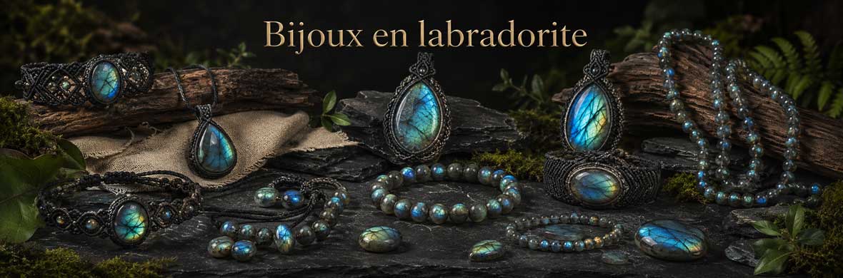 bijoux en labradorite naturelle avec bracelets, colliers, pendentifs et bagues aux reflets bleus
