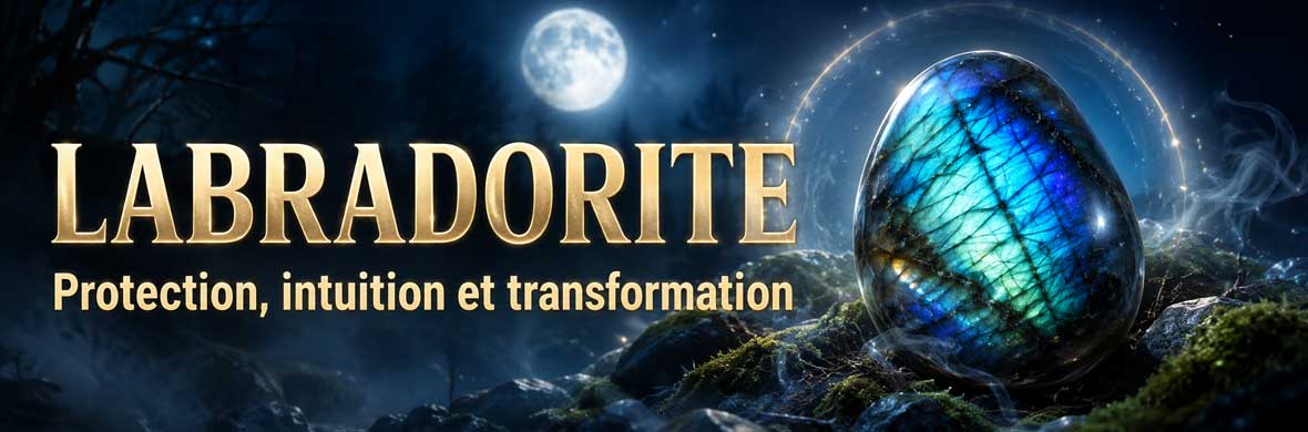 labradorite aux reflets bleus et verts dans une ambiance ésotérique