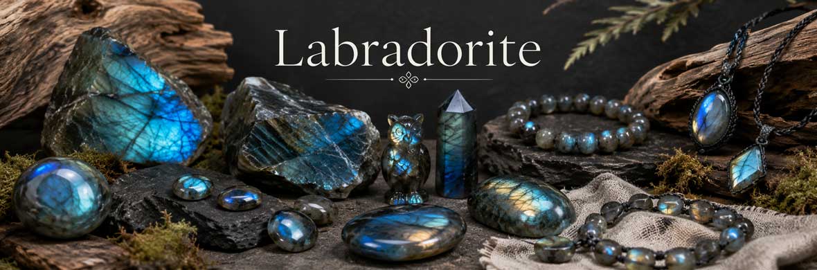 pierres, cristaux et bijoux en labradorite aux reflets bleus et verts