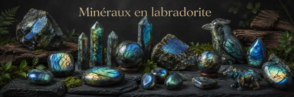 pierres, cristaux et objets minéraux en labradorite naturelle aux reflets bleus et verts