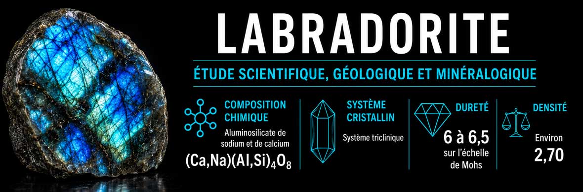 labradorite étudiée sous un angle minéralogique avec reflets bleus et structure cristalline