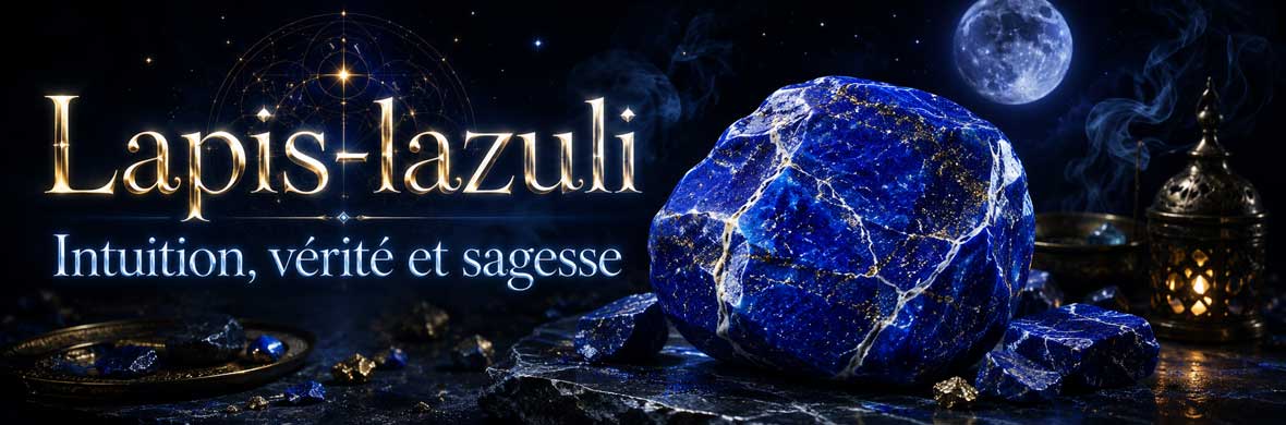 Lapis-lazuli ésotérique avec pierre bleue, symboles spirituels et lumière douce