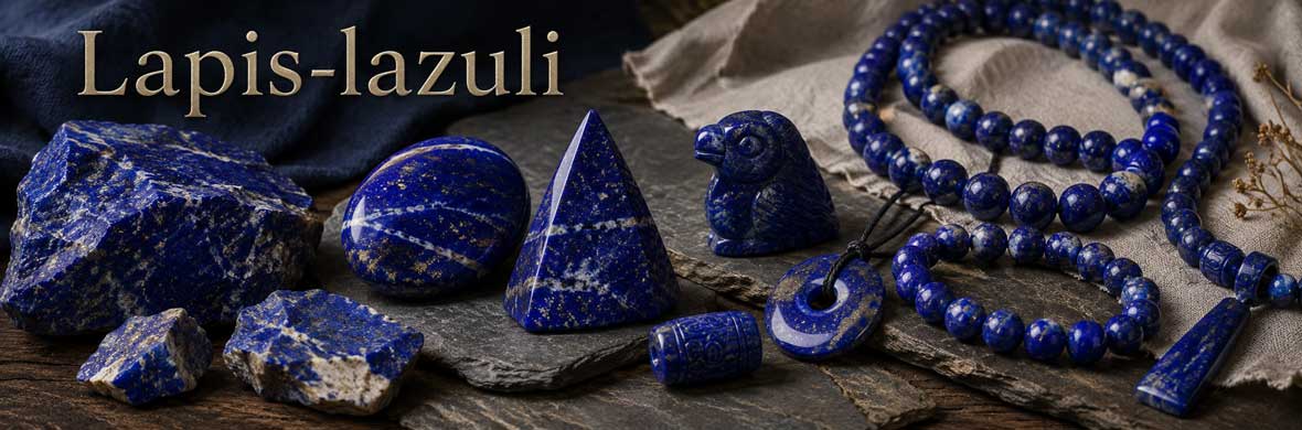 Lapis-lazuli naturel avec pierres, objets et bijoux bleu profond