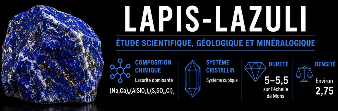 Étude scientifique du lapis-lazuli avec roche bleue, inclusions de pyrite et structure minéralogique