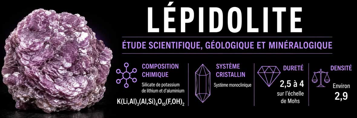 lépidolite étudiée sous un angle scientifique avec cristaux, structure et données minéralogiques