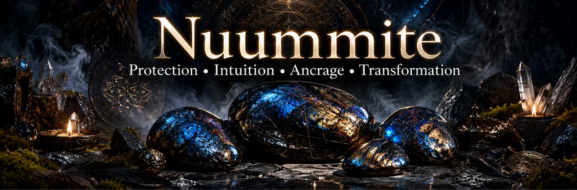 nuummite sombre aux reflets irisés dans une ambiance ésotérique