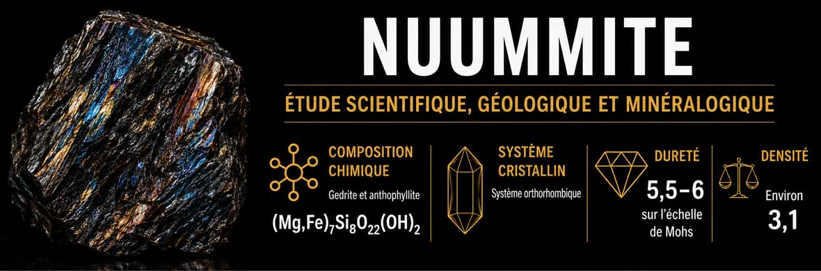 nuummite polie avec reflets irisés et structure métamorphique