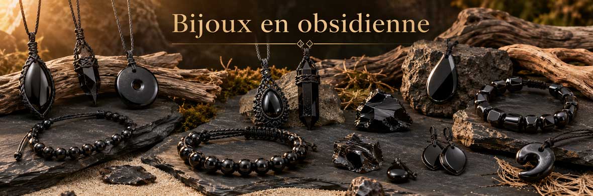 bijoux en obsidienne naturelle, bracelets, colliers et pendentifs en pierre volcanique