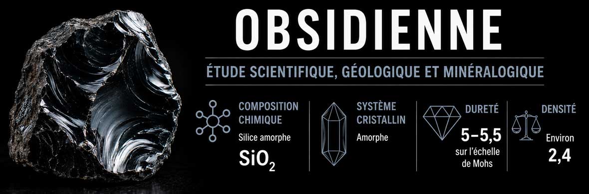 obsidienne naturelle étudiée en minéralogie, verre volcanique noir à cassure conchoïdale