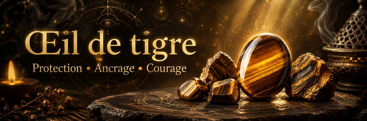 oeil de tigre utilisé en lithothérapie avec pierres roulées et bijoux symboliques