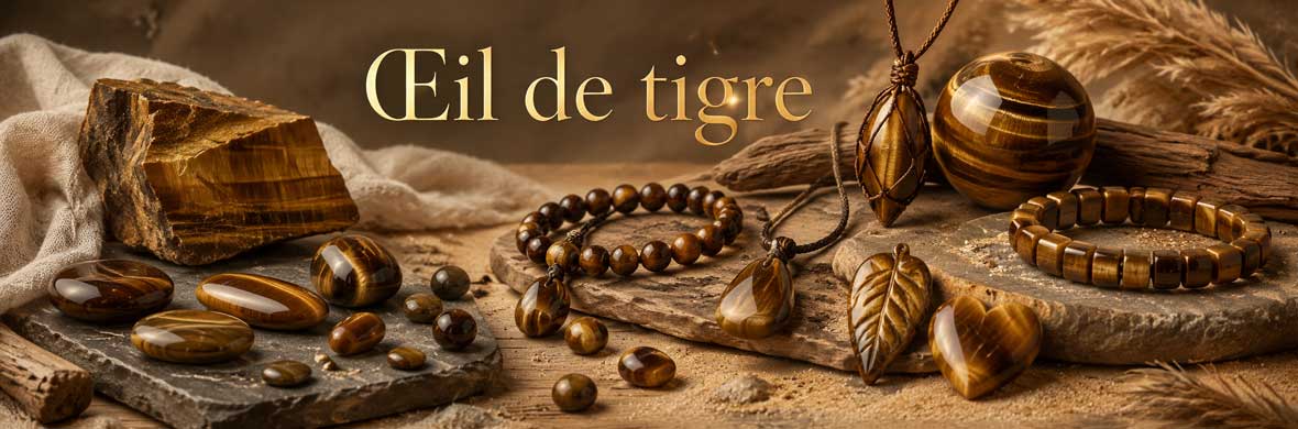 oeil de tigre naturel avec pierres, objets et bijoux