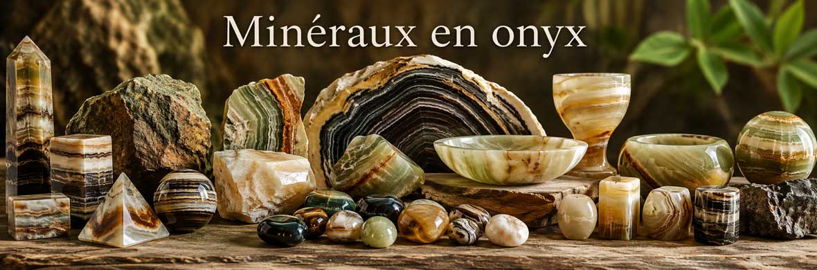 pierres, cristaux, galets polis et objets décoratifs en onyx naturel