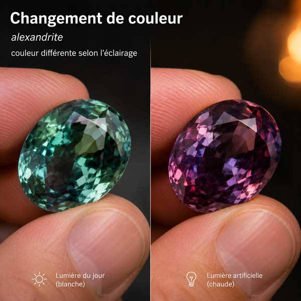 Exemple de changement de couleur d’une alexandrite selon l’éclairage