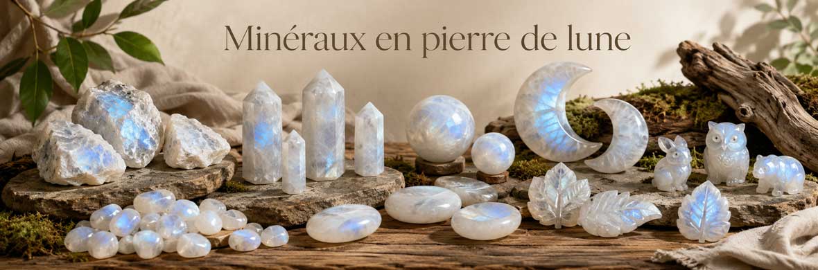 pierres, cristaux et objets minéraux en pierre de lune naturelle