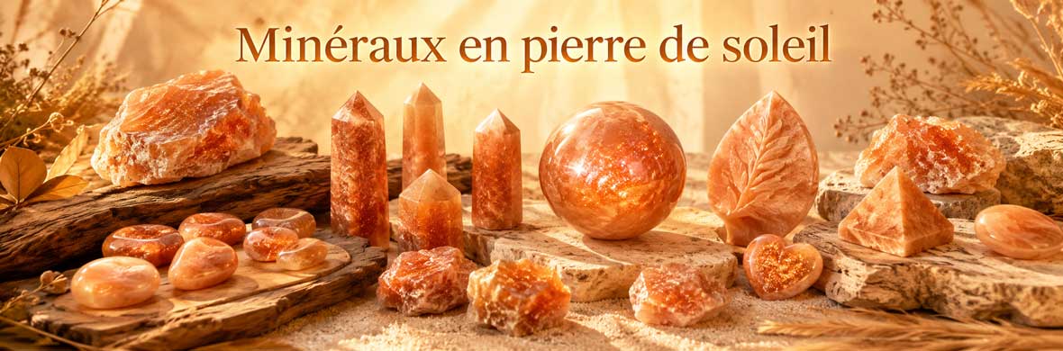 pierres, cristaux et objets minéraux en pierre de soleil naturelle