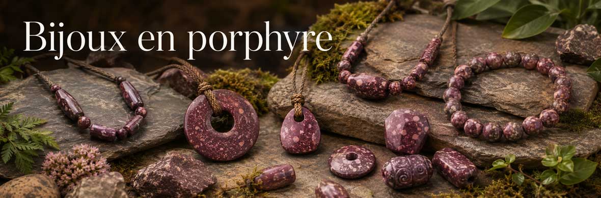 bijoux en porphyre naturel, bracelets, colliers et pendentifs