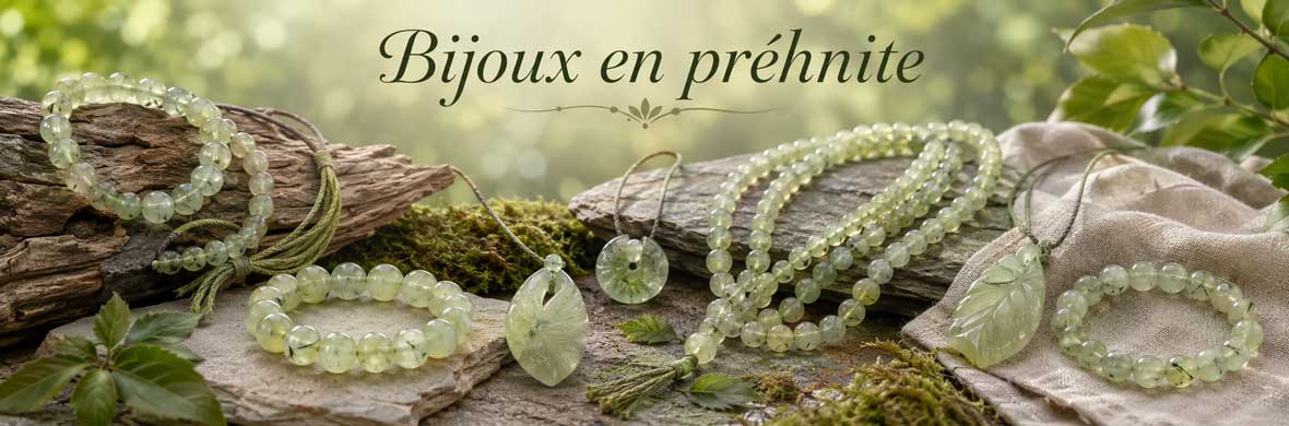Bijoux en préhnite naturelle, bracelets, colliers, pendentifs et créations en pierre verte