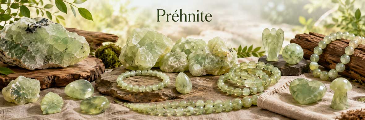 Préhnite naturelle, pierres, cristaux et bijoux en préhnite