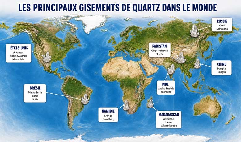 Principales régions productrices et localités connues de quartz dans le monde