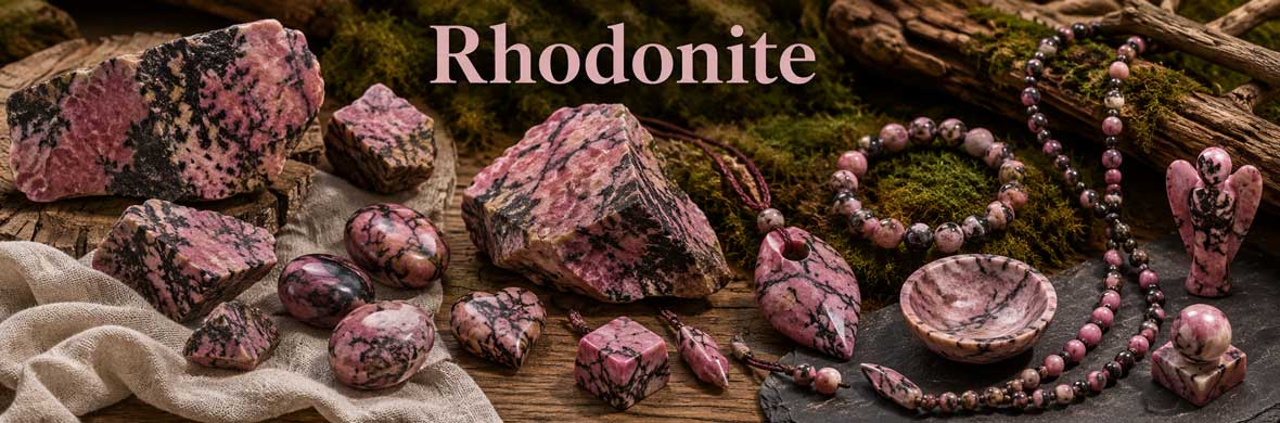 Rhodonite naturelle, pierres polies et bijoux en pierre rose veinée de noir