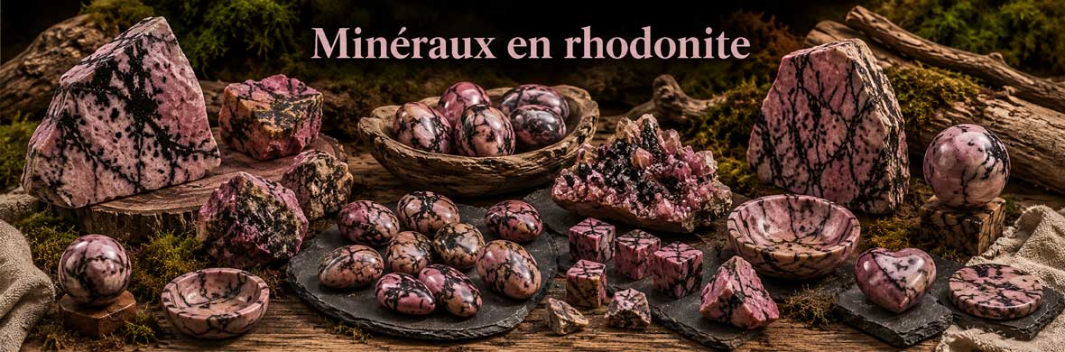 Pierres naturelles, cristaux et objets décoratifs en rhodonite