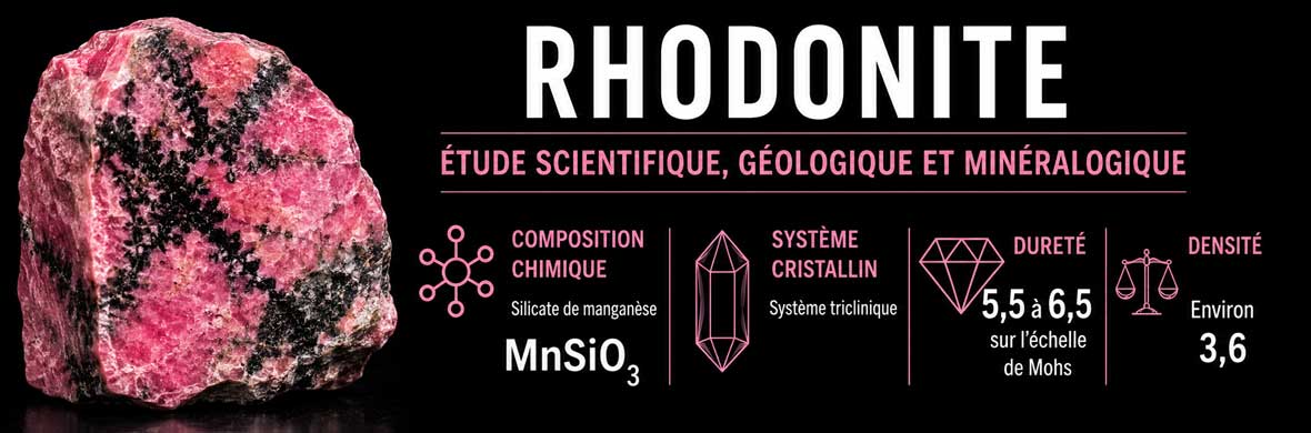 Rhodonite naturelle étudiée sous un angle scientifique avec structure, propriétés et formation géologique