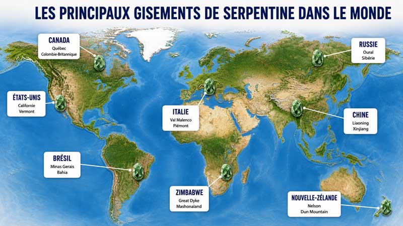 Principales régions de présence de la serpentine dans le monde