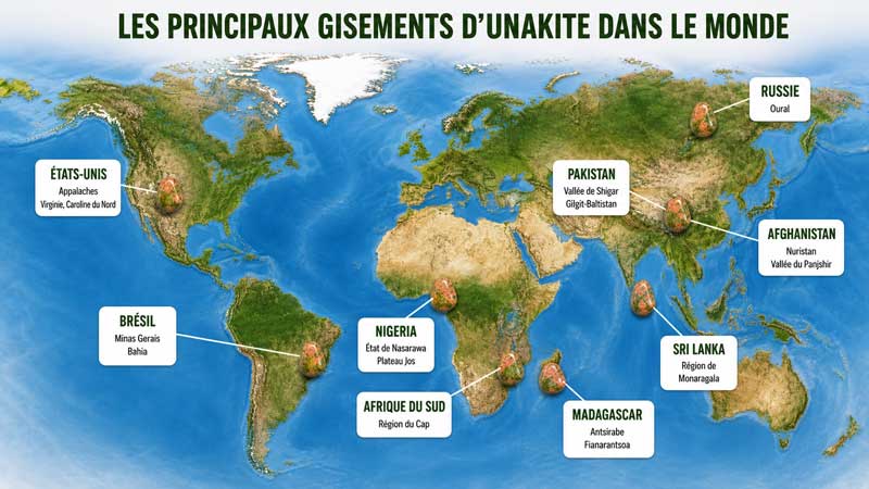 Quelques régions où l’unakite est documentée